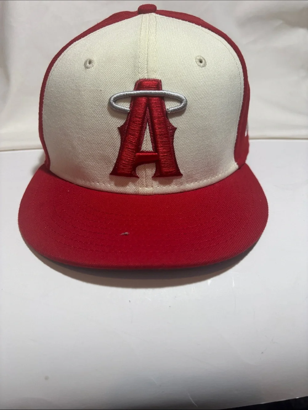 New Era Red and Cream Baseball Cap with Embroidered A Logo